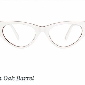 Elegant White Cat-Eye Glasses from Warby Parker Val in white oak barrel